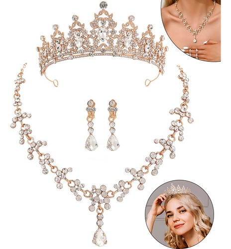 Tocado Novia Tiara Corona Mujer Xv Años Collar Y Aretes 3pcs