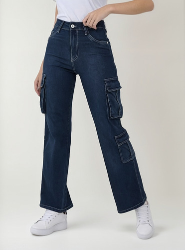 Jean Wide Leg Cargo Elastizado Costuras Blancas Diva