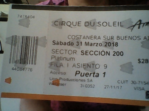 Vendo Entradas Cirque Du Soleil Sabado 31 Funcion 21 Hs.