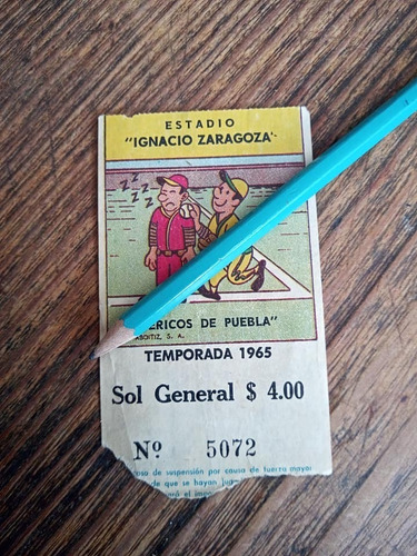  1 Boleto Baseball Pericos De Puebla Estadio Zaragoza 1965