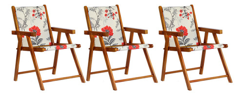Conjunto 3 Cadeiras Praia Dobrável Em Madeira Envernizada Cor Cinza Floral