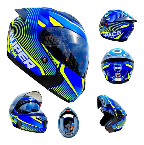 Casco Moto Azul Abatible Amarillo Deportivo Dot  Certificado