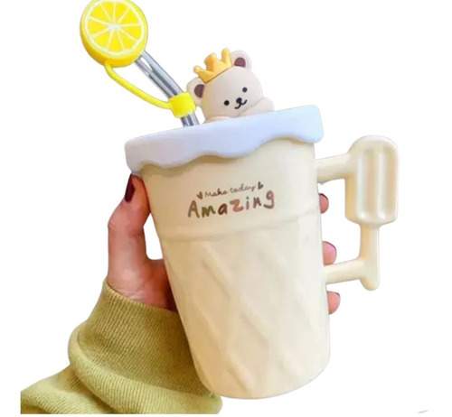 Imagen 1 de 10 de Taza De Cerámica + Sorbete De Vidrio Diseño Oso 450ml