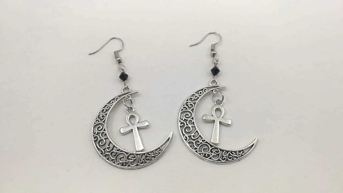 Aretes Luna Con Brocado Cruz Ank Goth Dark Gotico Wicca