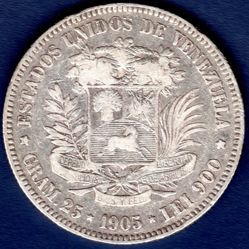 Moneda De Plata De 5 Bolívares De 1905 Fuerte