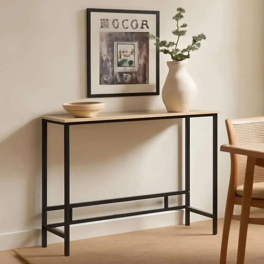 100cm Mesa Minimalista Para Pared Café Claro Patas Negro