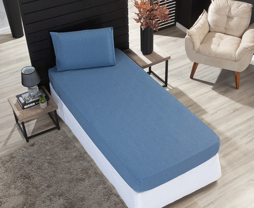 Jogo Roupa Cama Lençol Solteiro 400 Fios 2 Peças Barra Hotel Cor Linho azul Desenho do tecido Liso