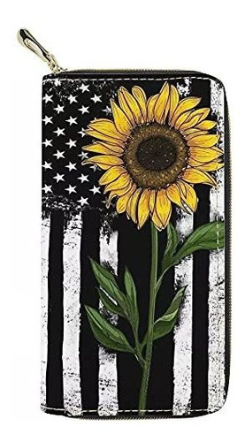 Bandera Americana Con Girasol Long Wallet Pu Piel De 7b74z