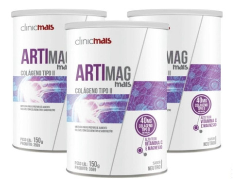 Colágeno Artimag Tipo Ii 40 Mg Porção Em Pó 150g Kit Com 3 Sabor Sem Sabor