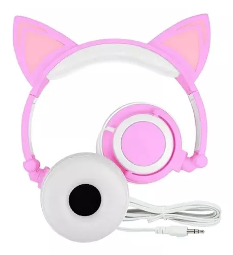 Fone Ouvido Headphone Com Fio Estéreo Orelha Gato Gatinho Led Infantil P2  Exbom HF-C22 Rosa
