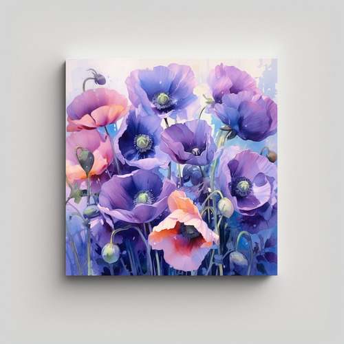 20x20cm Pintura Floral Morada Ramo Amapolas Decoración