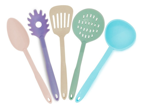 Set Juego 5 Utensilios Carol Cocina Nylon Varios Colores Espumadera Cucharon Cuchara Espatula Fideos 