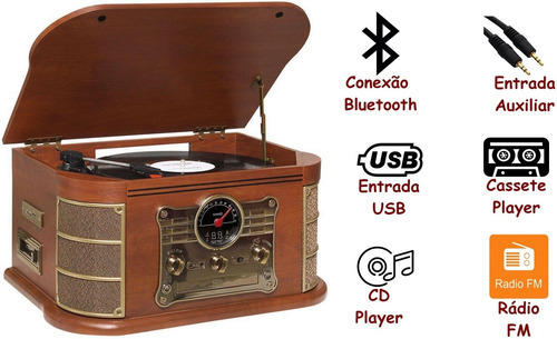 Radio Vitrola Toca Disco De Vinil Bluetooth Usb Cassete Cd