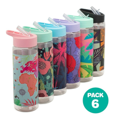 Imagen 1 de 10 de Pack 6 Botella Agua Jugo Hombre Mujer Niños Pico Deportivo