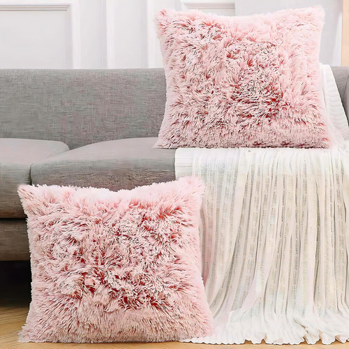 Cojín Decorativo De Pelo Largo Rosa Coral De 50 X 50 Cm