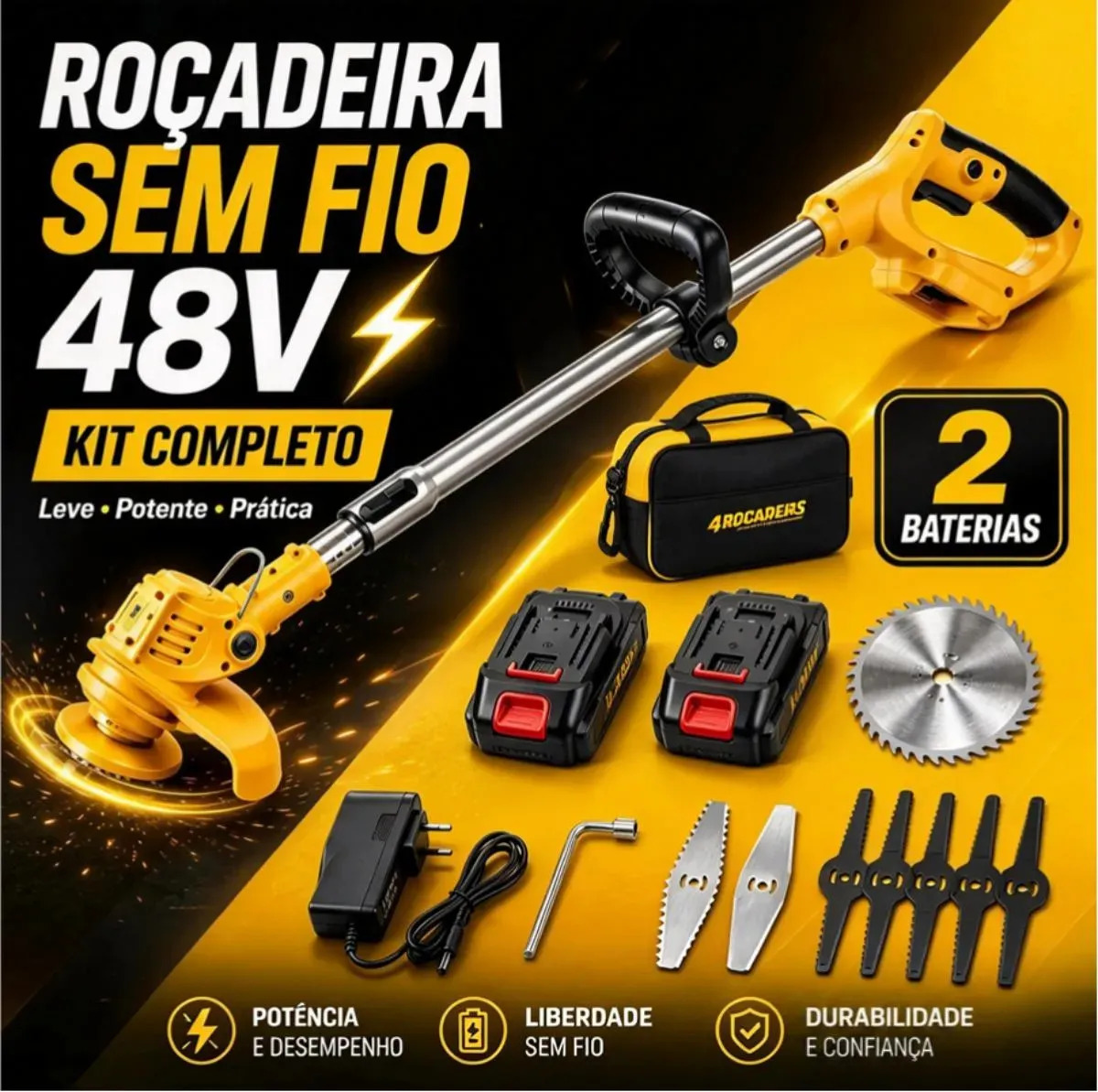 Roçadeira Elétrica Sem Fio Tramontina 48V com 2 Baterias, Motor de Alta Potência, Lâminas de Serra Metálicas, Haste Regulável, Kit Multifuncional