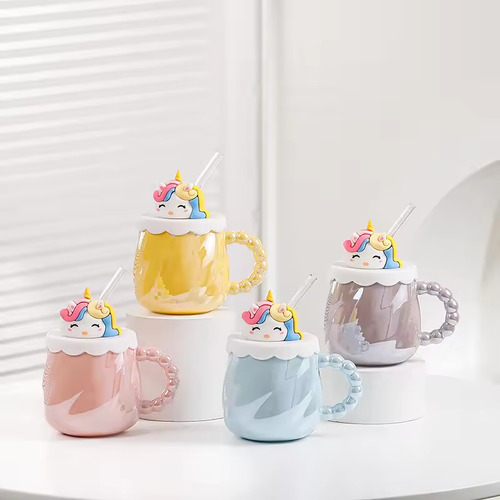Taza De Cerámica Con Diseño De Unicornio Tapa Y Popote 450ml Azul Floreado