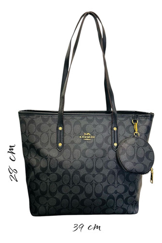 Bolsa De Dama Totebag Con Monedero Negra Lisa Oro