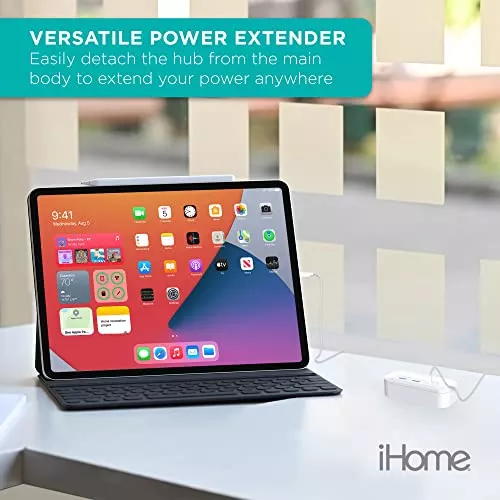  iHome Power Reach - Extensor de enchufes múltiples con 2 tomas,  cargador de pared USB de 4 puertos (1 USB C, 3 USB A), cable de extensión  de 6 pies y