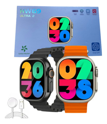 Relógio Inteligente Hw69 Ultra Max 2 Chatgpt Super Amoled Caixa Prata Pulseira Laranja Desenho Da Pulseira Silicone Ou Tecido