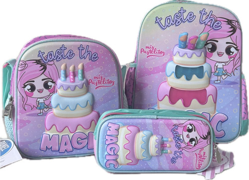 Set Kit Mochila Kinder, Lonchera Y Lapicera Mis Pastelitos Color Rosa