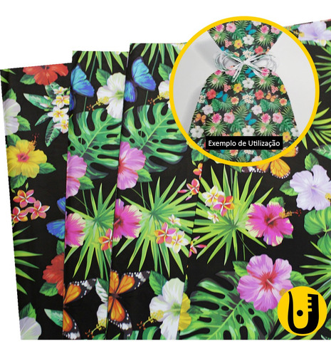 Sacos Para Presente Embrulho 35x59 Estampado Tropical Com 50