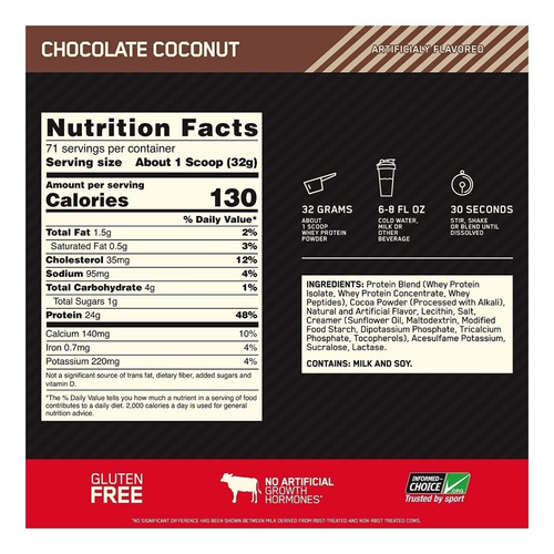 Imagen 2 de 2 de Suplemento en polvo Optimum Nutrition Proteína Gold Standard 100% Whey proteína sabor chocolate coconut en pote de 2.27kg