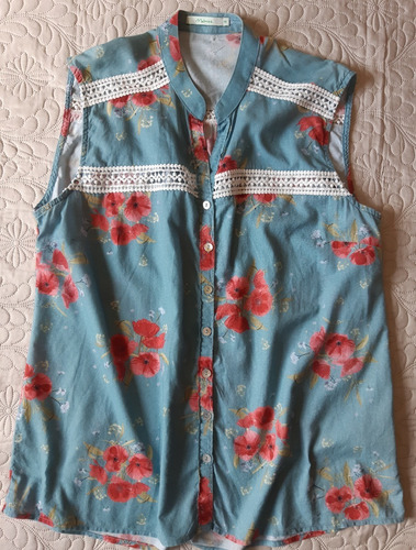 Blusa Malwee - Azul Jeans - Florido - Rendas - Feminino