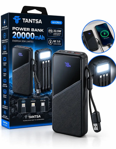 Power Bank 20000mAh Tantsa Carregador Portátil Turbo 22,5W QC 3.0 Carga Rápida Com Cabos Integrados Micro USB USB-C Para iPhone Android D...