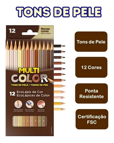 Kit Lápis Multicolor 36 Cores + 12 Tons Pele + 10 Pastel 36 Coloridos. 12 Tons De Pele E 10 Tons Pastéis