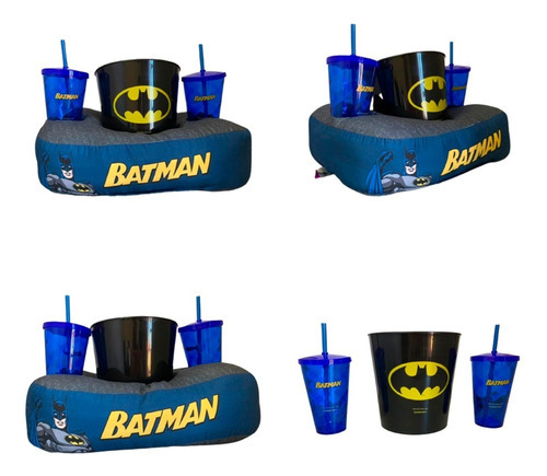 Kit Almofada Porta Pipoca Copos Batman Azul Desenho do tecido Liso