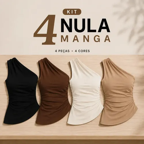 Kit 4 Blusa Nula Manga Feminina Elegante Franzido Assimétric Preto Branco Marrom Nude G