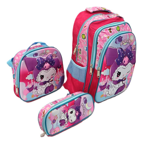 Mochila De Curomy Combo Estampado 3d Para Primaria Incluye Colorera Y Lonchera Hello Kitti Kuromy