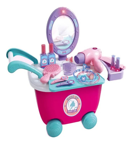 Súper Tocador 2 En 1 Niña Con Luz, Espejo Y Kit De Belleza Rosa