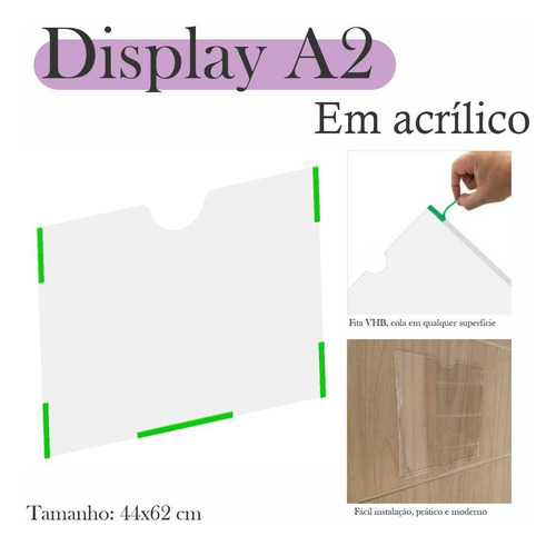 Display Parede Quadro Avisos Porta Folhas A2 Acrílico Horiz