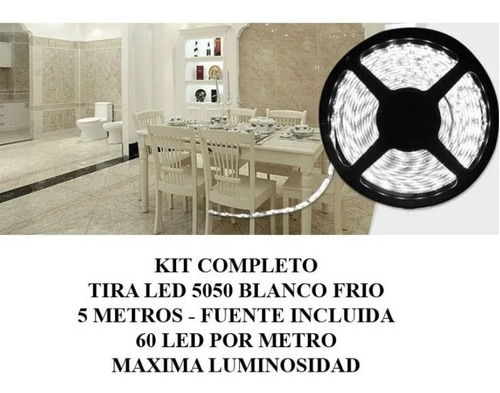 Tira Led 5050 Blanco Frio 5mts + Fuente Siliconadas Exterior