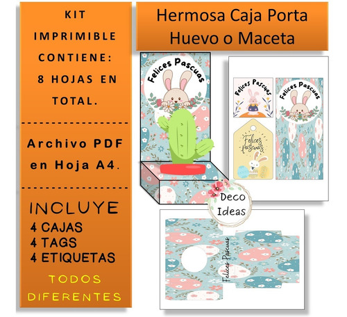 Imagen 6 de 6 de Kit Imprimible 03 Pascuas Caja Porta Huevo O Maceta + Tag
