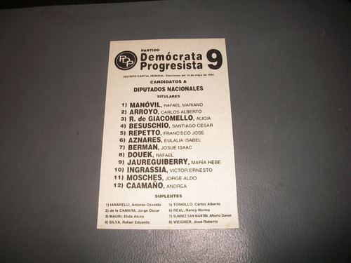 Partido Democrata Prograsista . Boleta Electoral 14/5/1995 .