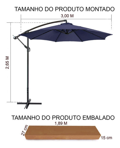 Ombrelone Guarda Sol Praia jardim lateral 3m liso Revomax com Base 60L Cor Azul-marinho