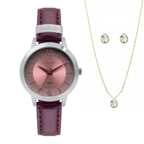 Relógio Feminino Prateado Condor Pulseira Em Couro Kit Jóias