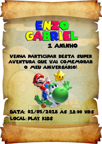 20 Convite Pergaminho Super Mario, Luigi E Princesa Cogumelo