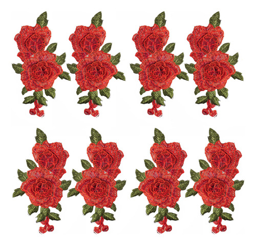 8 Parche Flor Rosa Roja Bordado Para Coser Ropa Insignia