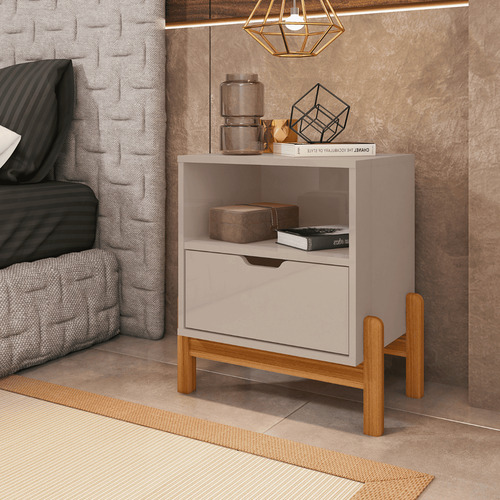 Mesa De Cabeceira Para Quarto Com Pés De Madeira E 1 Gaveta Acabamento Brilhante Cor Off White