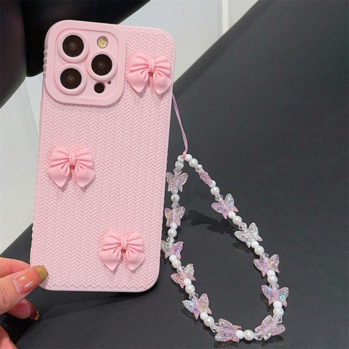Funda Para iPhone Cute Fashion 3d Con Forma De Lazo Rosa Y Cadena Con Forma De Mariposa