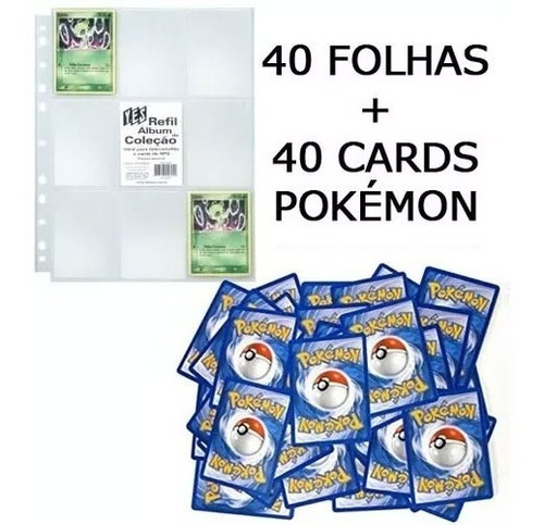 40 Folhas Plásticas Fichário Yes 11 Furos + 40 Cards Pokémon