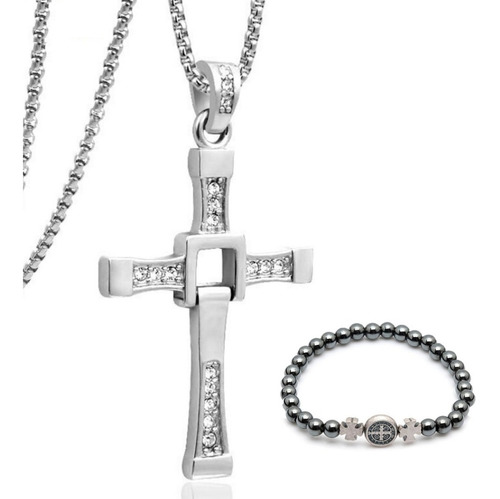 Colar Corrente Aço Crucifixo Toretto Velozes + Pulseira Cruz