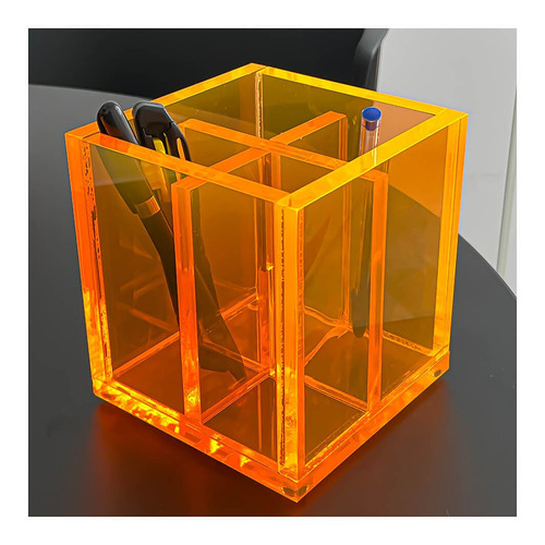 Pote Acrílico Laranja Neon Organizador Com 4 Nichos