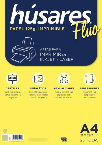 Hojas A4 Husares Amarillo Fluo Imprimibles 125g 1 Pack X25u