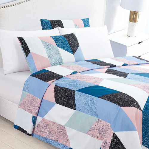 Juego De Sábanas Estampadas Mod. 14000, Tamaño Matrimonial Blanco - Azul Estampado
