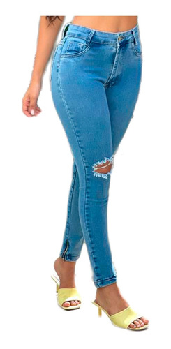 Calça Jeans Skinny Com Lycra Ziper Na Perna Cintura Alta